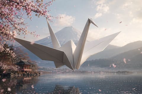 A giant white origami paper crane flying over a serene Japanese lake with Mount Fuji in the background, cherry blossom petals drifting through the air.