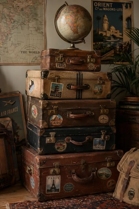 A stack of vintage leather suitcases covered in travel stickers topped with an antique globe, surrounded by old world maps and travel posters, warm nostalgic lighting.