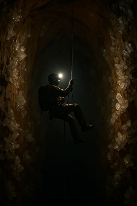 A silhouetted cave explorer rappelling down a rope into a dark crystal-lined cavern with only a headlamp illuminating the scene.