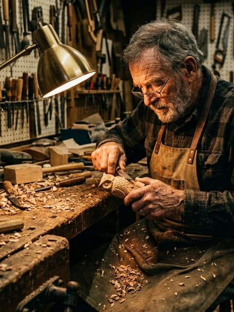 Portrait of an elderly craftsman with weathered hands carving a wooden figure in his workshop. Wood shavings everywhere, tools on pegboard walls. Single warm lamp illuminating his face. Documentary portraiture.