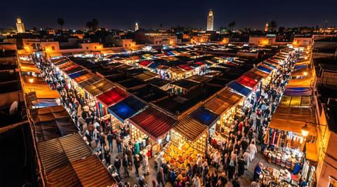 Aerial nighttime view of a bustling Moroccan souk marketplace in Marrakech with rows of colorful canopy-covered stalls illuminated by warm golden lights, crowds moving through narrow walkways, spice vendors, and mosque minarets visible beyond.