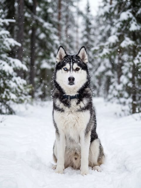 A Siberian husky with heterochromia eyes sitting upright in a snowy pine forest while snowflakes gently fall, portrait photography.