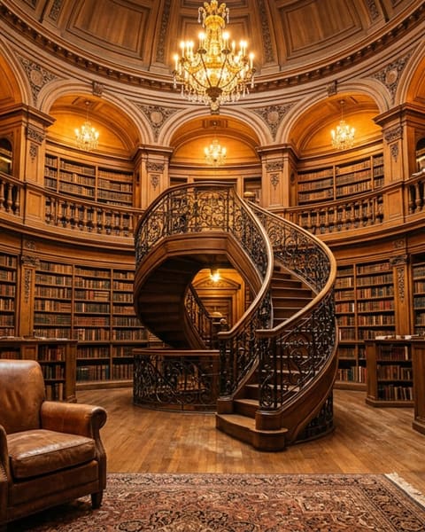 A grand library with floor-to-ceiling bookshelves in a circular room, spiral staircase in the center, golden chandeliers illuminating leather-bound volumes. Classical architecture, warm amber tones.