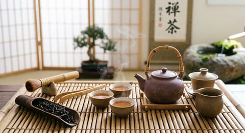 A traditional Japanese tea ceremony setup on a bamboo tray featuring a steaming ceramic teapot, small tea cups filled with green tea, a wooden scoop, bamboo whisk, with shoji screens and a bonsai tree in the background.