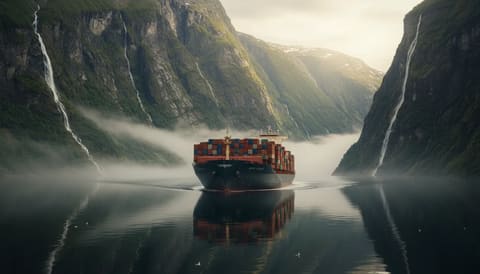 Large container cargo ship navigating through a narrow Norwegian fjord with towering steep green moss-covered cliff walls on both sides, multiple thin waterfalls cascading down the rock faces, low-hanging mist over calm reflective dark water, overcast moody sky, seabirds flying, dramatic scale contrast.
