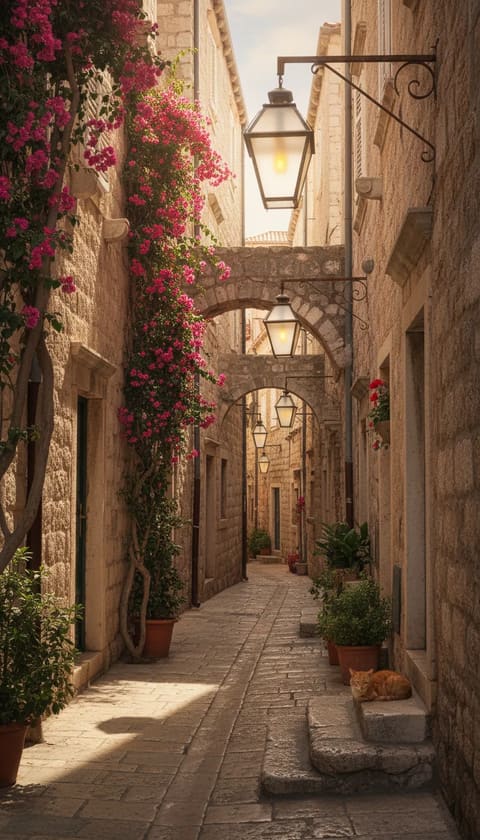 Charming narrow medieval stone alleyway in a Mediterranean old town with warm sandstone walls, pink bougainvillea climbing up the facade, wrought-iron vintage lanterns mounted on walls, stone archways spanning between buildings, potted plants lining the cobblestone path, an orange tabby cat napping on a step, golden hour sunlight.