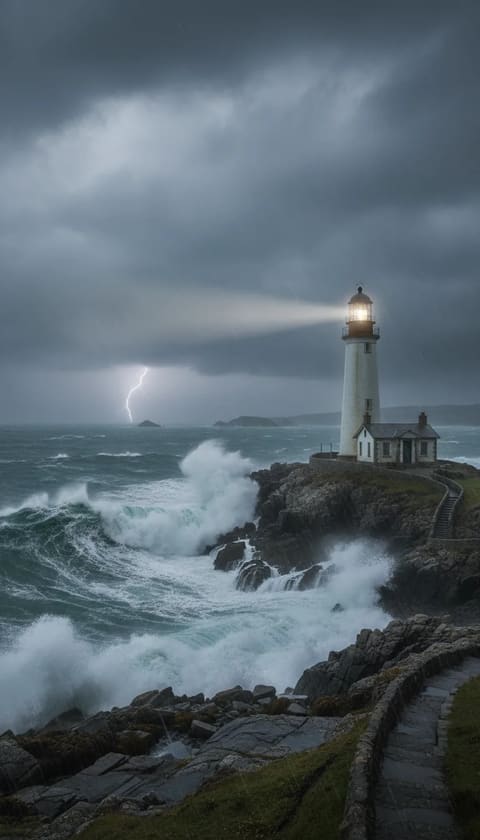 White lighthouse with its beam shining through a violent storm on a rugged rocky coastline, massive crashing waves and white sea spray against dark jagged rocks, lightning bolt striking in the dark grey overcast sky, small keeper's cottage attached to the lighthouse, dramatic moody atmosphere, seascape photography.