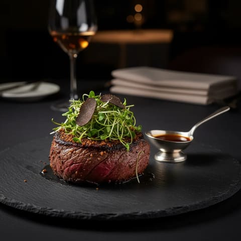 Perfectly seared filet mignon topped with microgreens and black truffle shavings served on a round black slate plate, small silver gravy boat with jus beside it, glass of amber wine in the soft-focus background, dark moody fine dining atmosphere, professional food photography.
