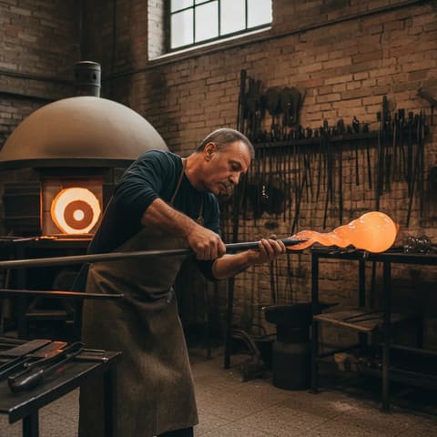 Middle-aged male glassblower wearing a dark leather apron shaping a glowing orange molten glass bubble on the end of a long iron blowpipe, inside a rustic brick-walled workshop with a glowing furnace in the background, warm dramatic lighting, artisan craftsmanship documentary photography.