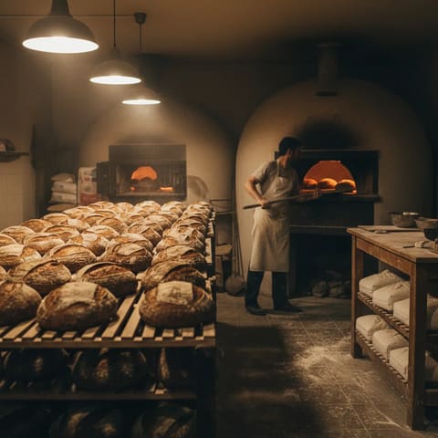 Artisan baker in a white apron using a long wooden peel to place bread loaves into a glowing wood-fired stone oven inside a rustic bakery, dozens of freshly baked crusty sourdough bread loaves cooling on wooden racks, warm ambient pendant lighting, flour-dusted surfaces, documentary photography.