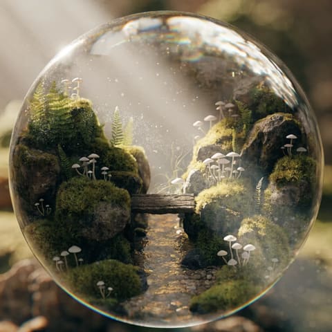 A 3D rendered terrarium inside a glass sphere. Tiny mushrooms, moss, ferns, a miniature wooden bridge over a creek. Volumetric light rays, macro perspective, magical ecosystem.