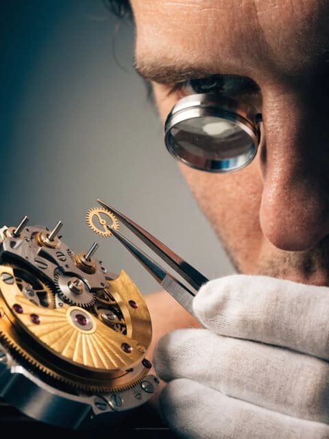 Close-up of a master watchmaker assembling a luxury mechanical watch. Tweezers holding a tiny golden gear, magnifying loupe on eye. Studio lighting, extreme detail, editorial product photography.