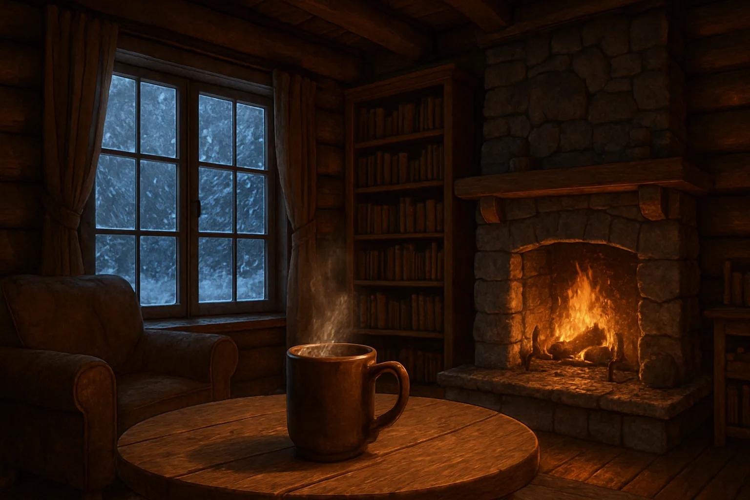 Cozy interior of a rustic log cabin with a steaming mug of coffee on a wooden ta