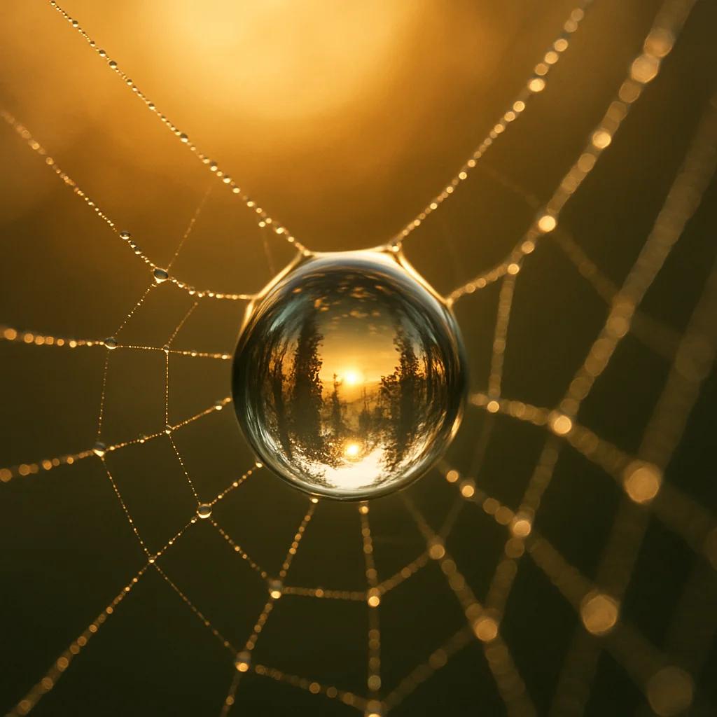 A hyperrealistic macro photograph of a single dewdrop on a spider web at dawn, r