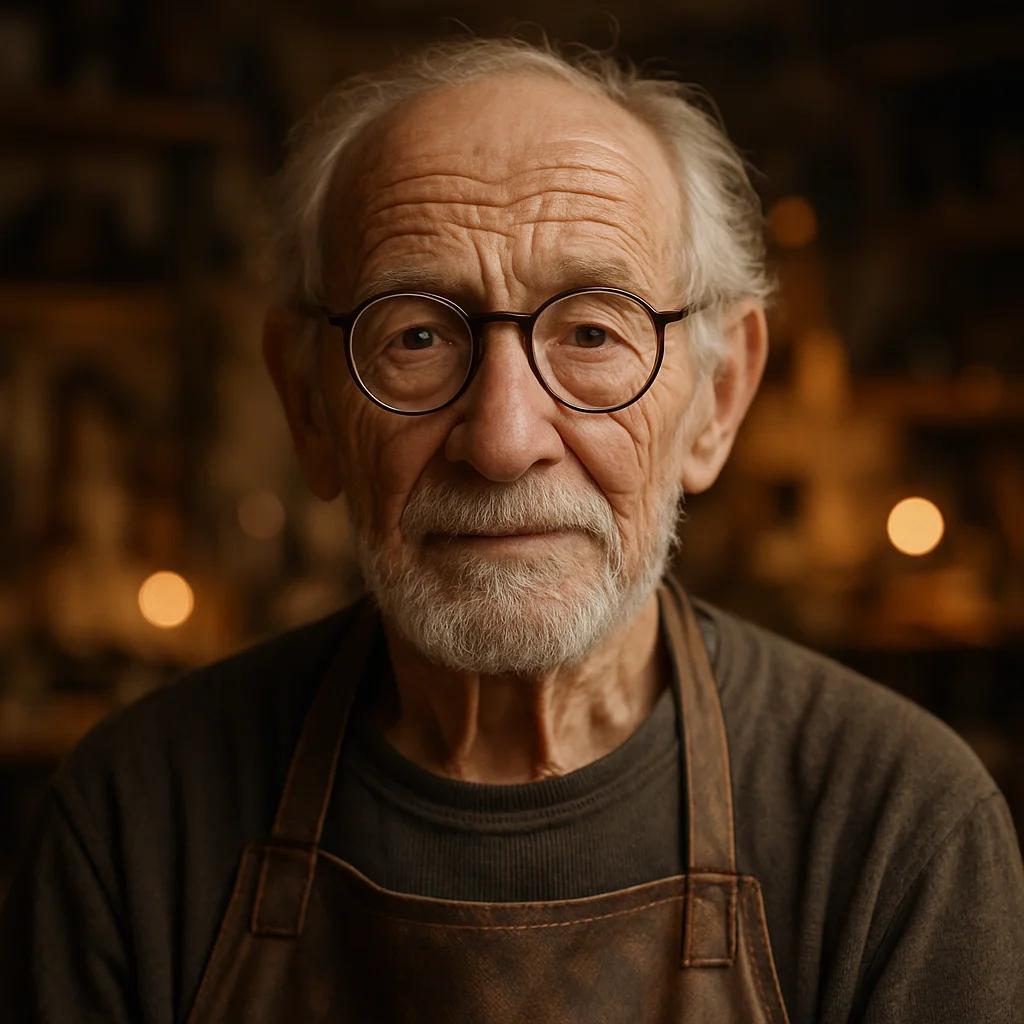 Close-up portrait of an elderly craftsman with deep wrinkles, kind eyes, wearing