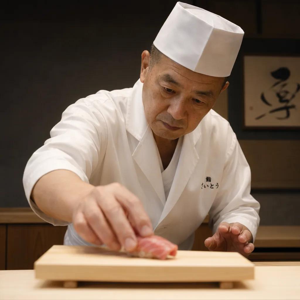 A Japanese sushi master in traditional white chef coat carefully placing a piece