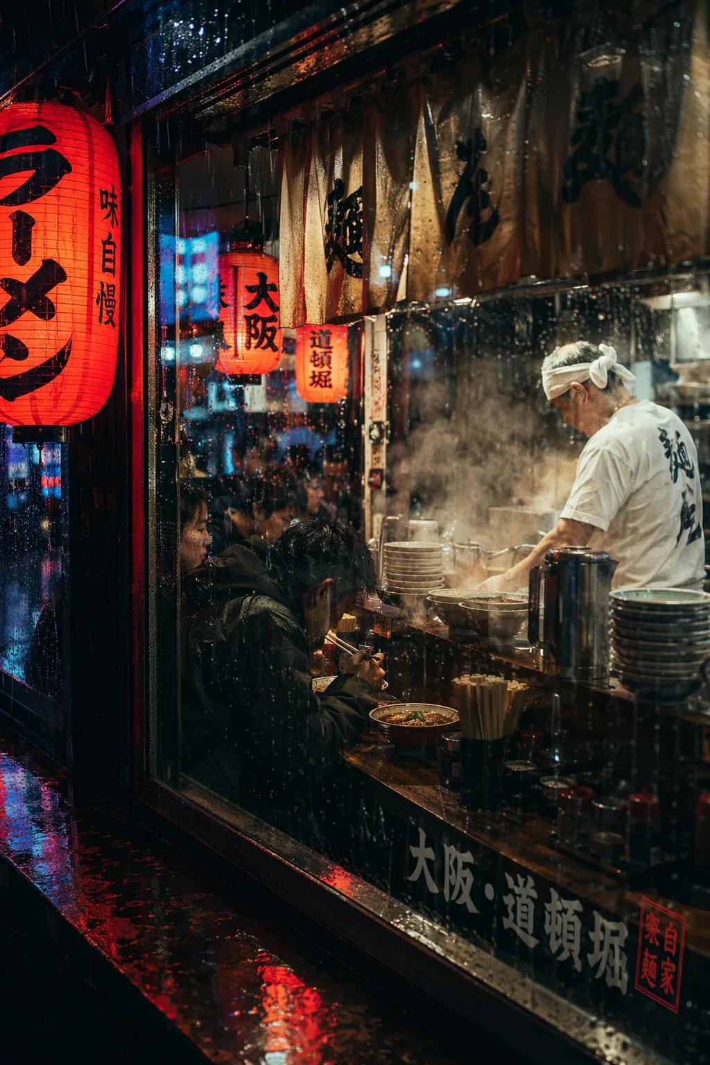 A rainy night view through a wet glass window into a crowded Osaka Dotonbori ram