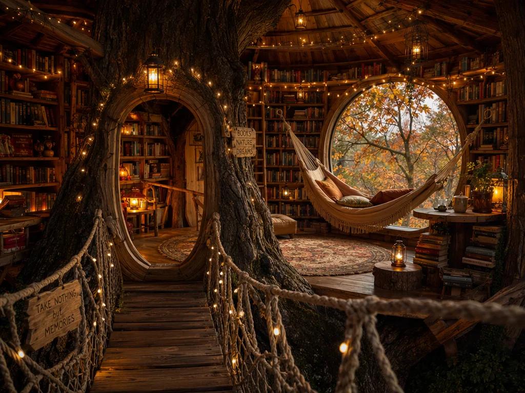 A magical cozy treehouse library built inside a giant ancient tree with floor-to