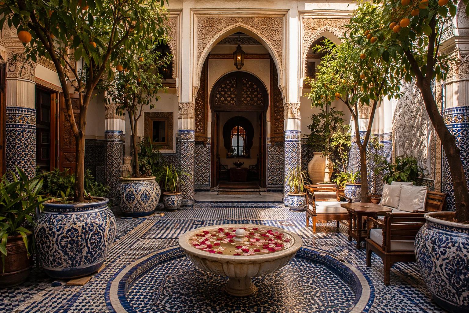 A traditional Moroccan riad courtyard with intricate blue and white zellige tile