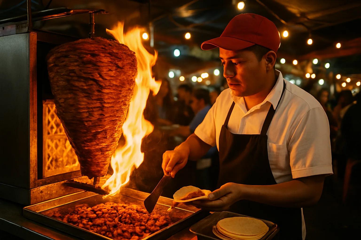 A Mexican street food vendor carving meat from a rotating al pastor spit with fl