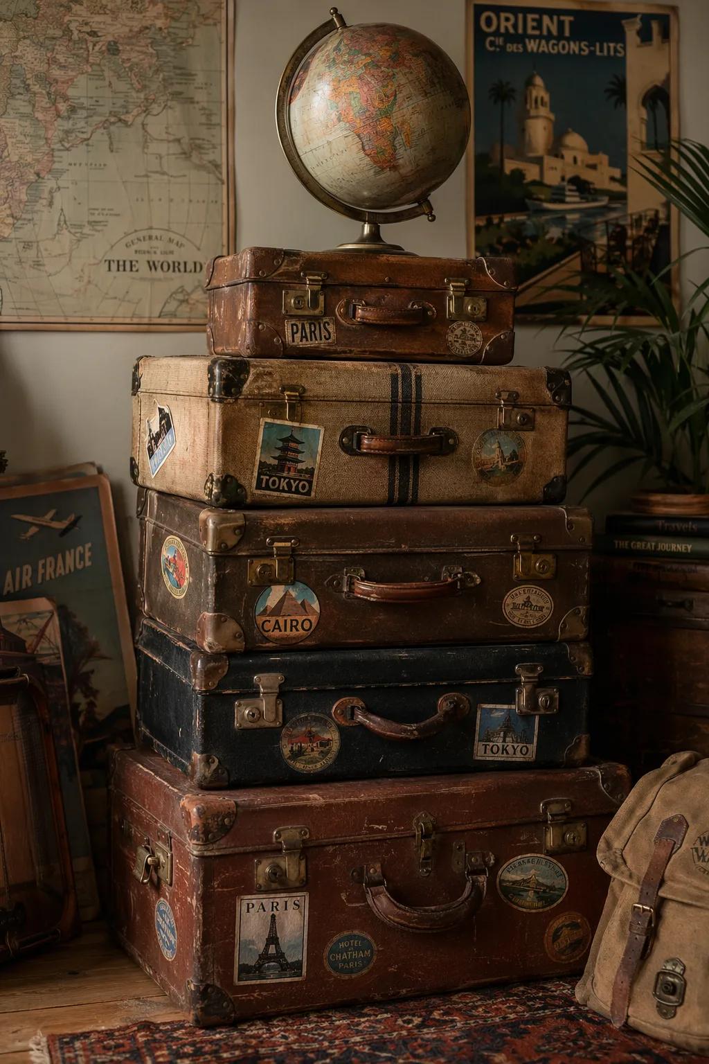 A stack of vintage leather suitcases covered in travel stickers topped with an a