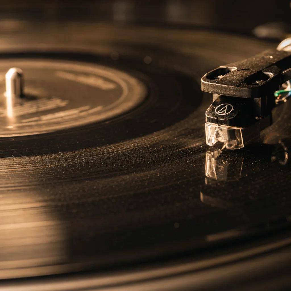 Extreme macro close-up of a turntable needle cartridge resting on the grooves of