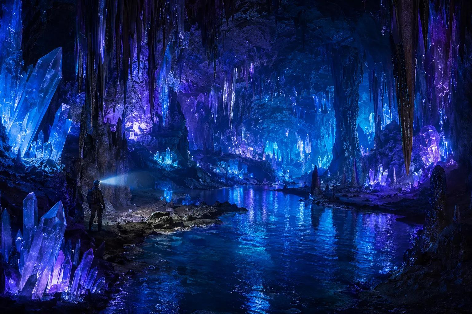 A lone explorer with a headlamp standing inside a massive underground crystal ca