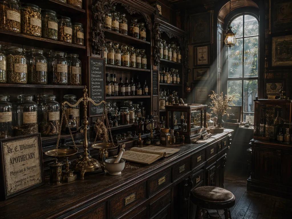 Interior of a Victorian-era apothecary shop with dark wood shelves lined with la