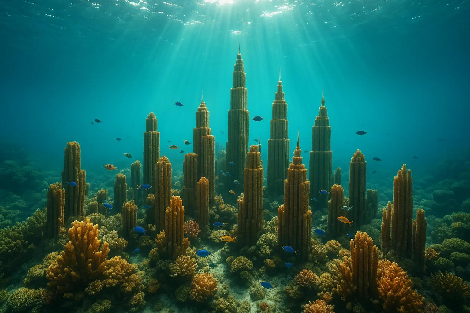 Underwater photograph of a coral reef shaped like a city skyline, fish swimming 