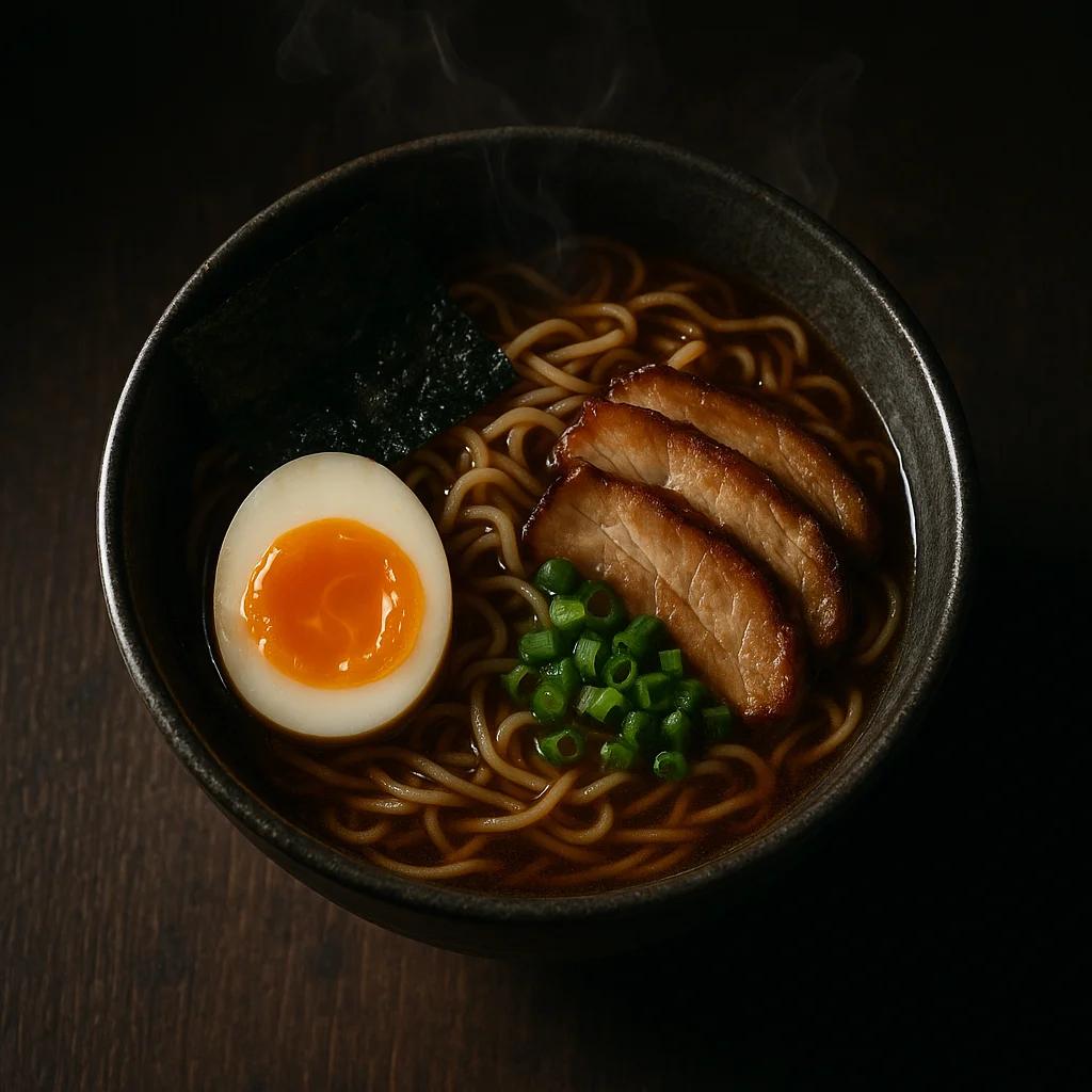 A ceramic bowl of ramen with perfect egg, nori, chashu pork, green onions, steam