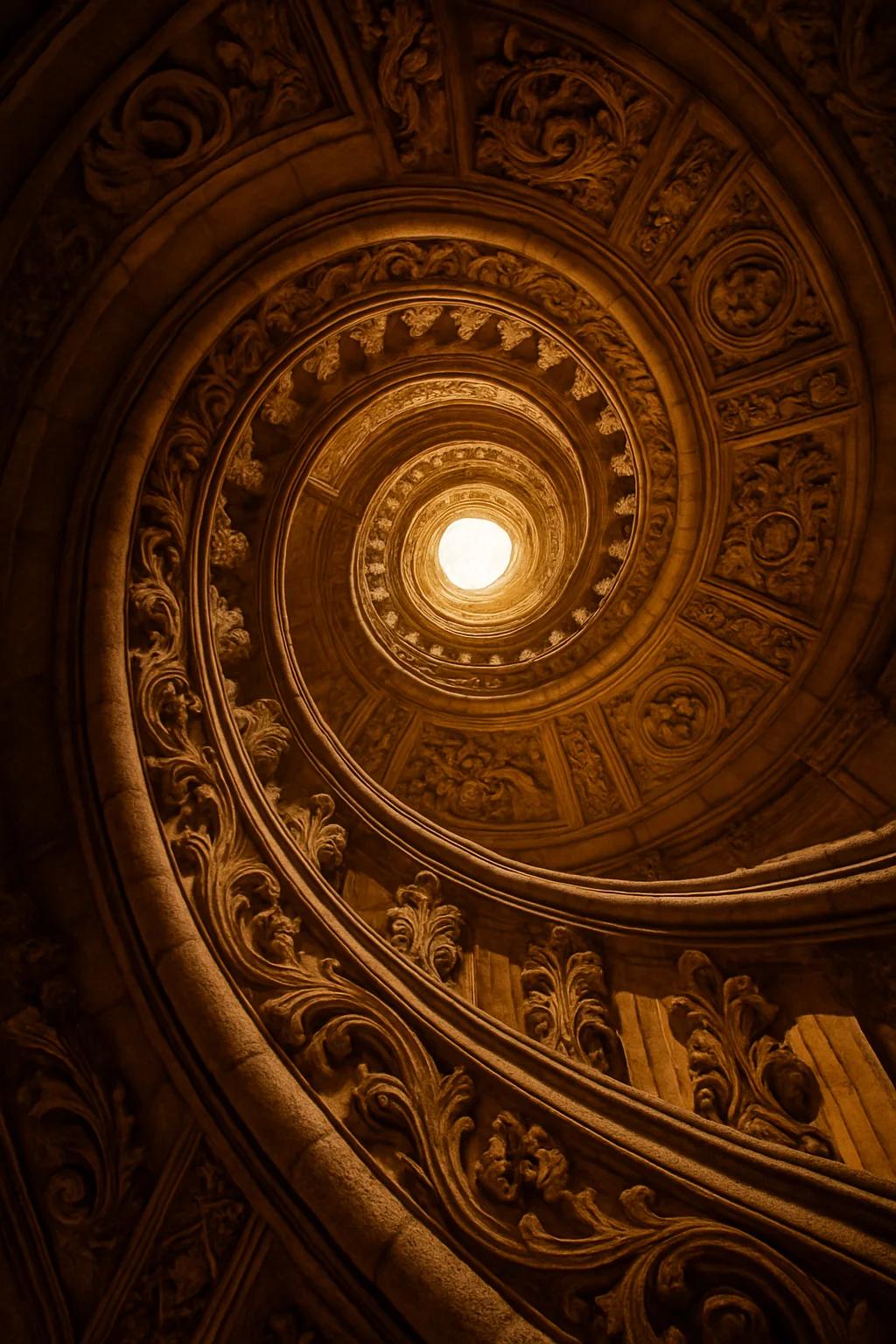 A dramatic vertical shot looking straight up inside a spiral staircase of an anc
