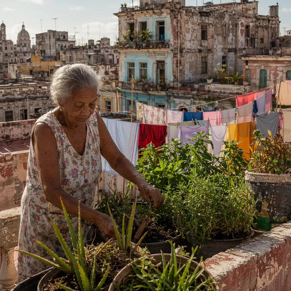 An elderly Cuban woman tending to potted herbs on a weathered Havana rooftop, co
