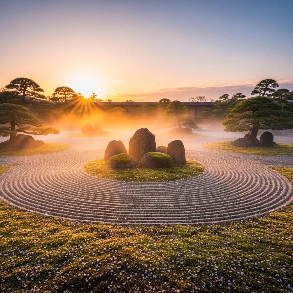 A serene Japanese zen garden with raked concentric sand circles around moss-cove