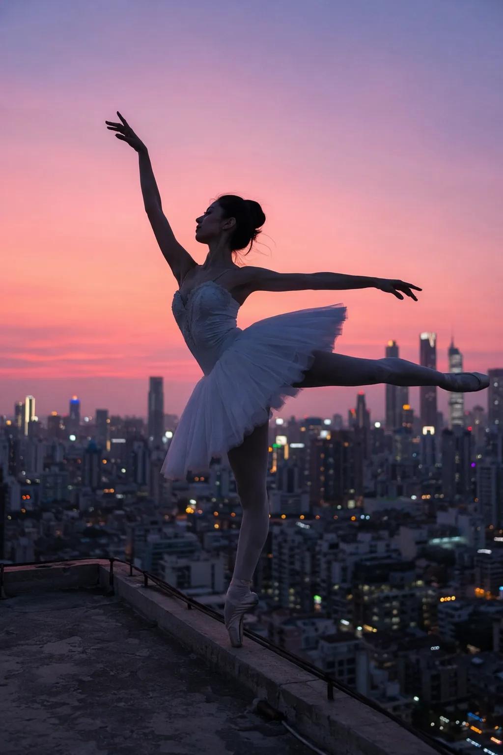 A ballerina in a white tutu performing an arabesque on the edge of a rooftop ove