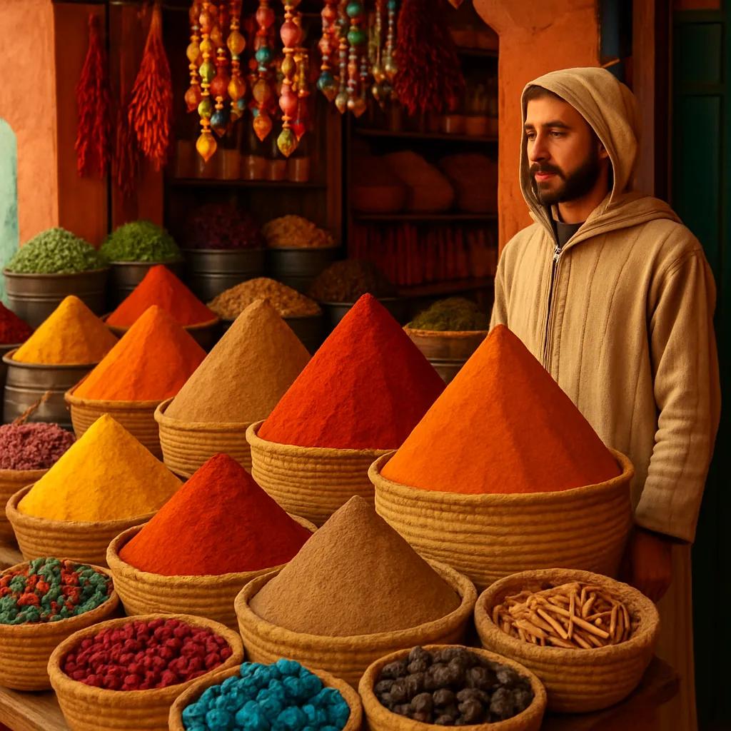 A Moroccan spice vendor in a traditional djellaba standing beside colorful pyram