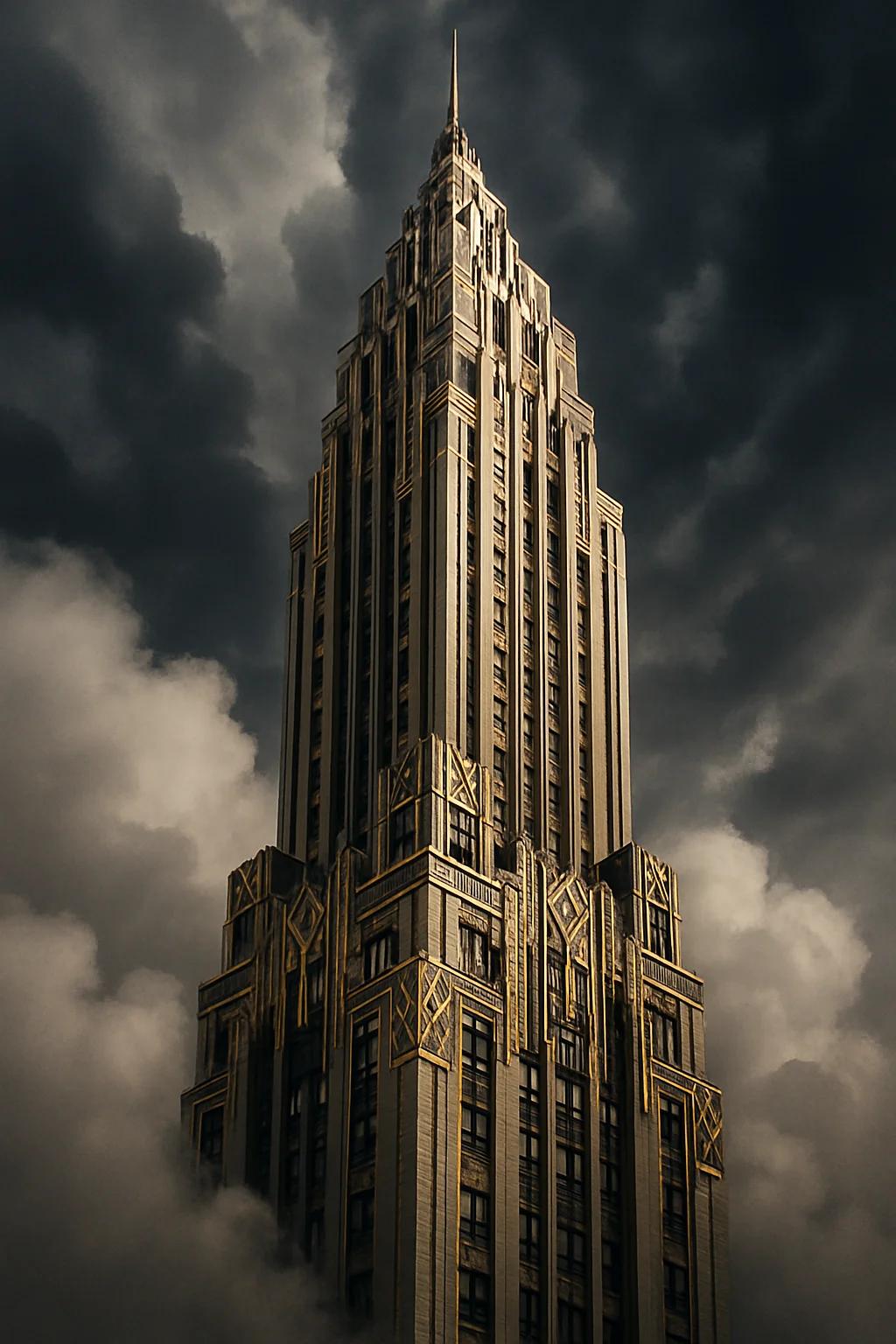A tall Art Deco skyscraper emerging from clouds, chrome and gold details, geomet