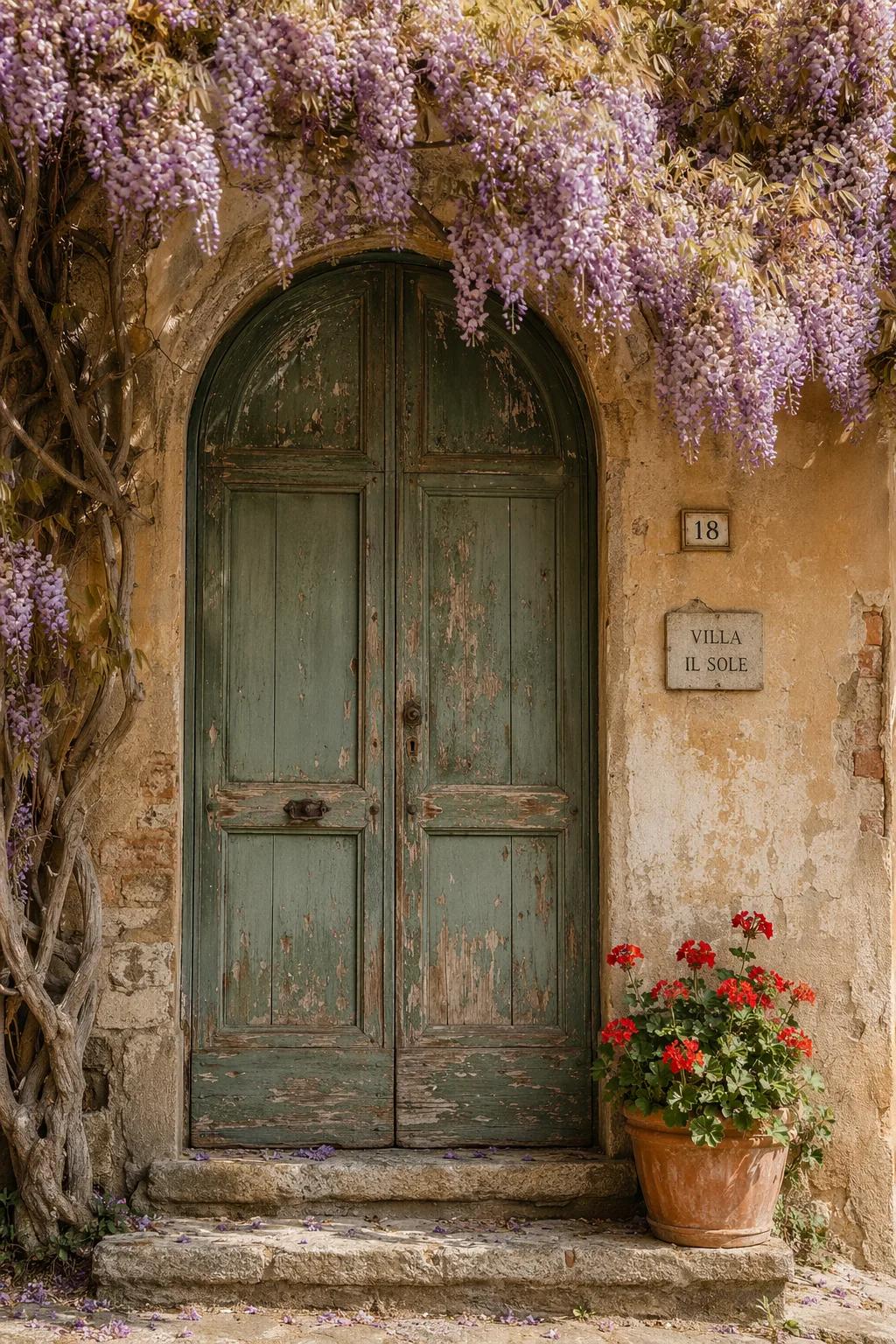 A weathered sage-green arched wooden door of an old Tuscan villa draped in purpl