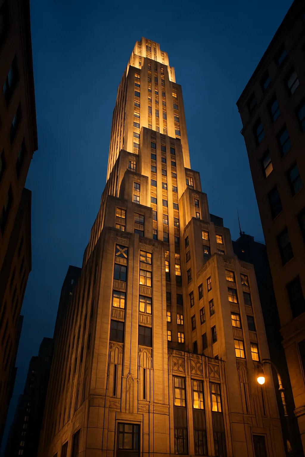 A grand Art Deco skyscraper photographed from below at blue hour twilight, warm 