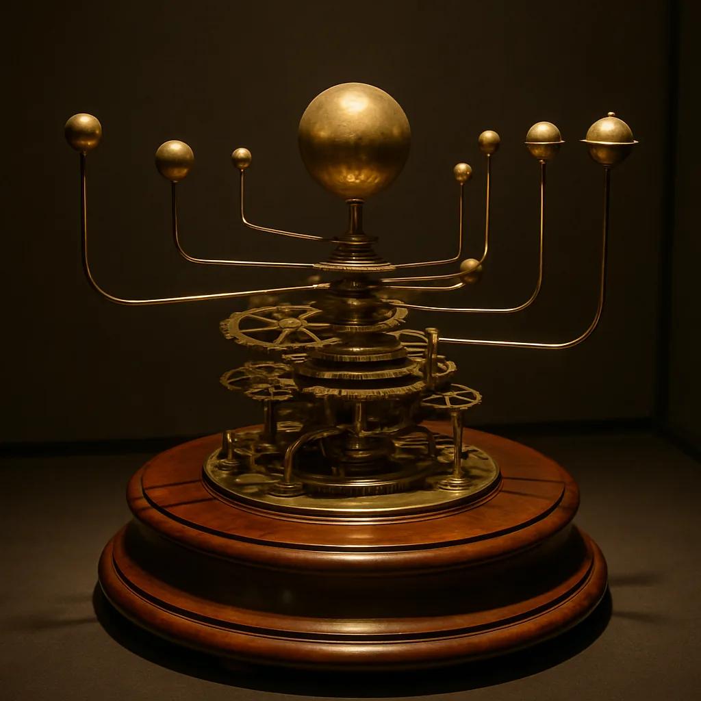 An antique brass orrery mechanical solar system model with gears on a polished w