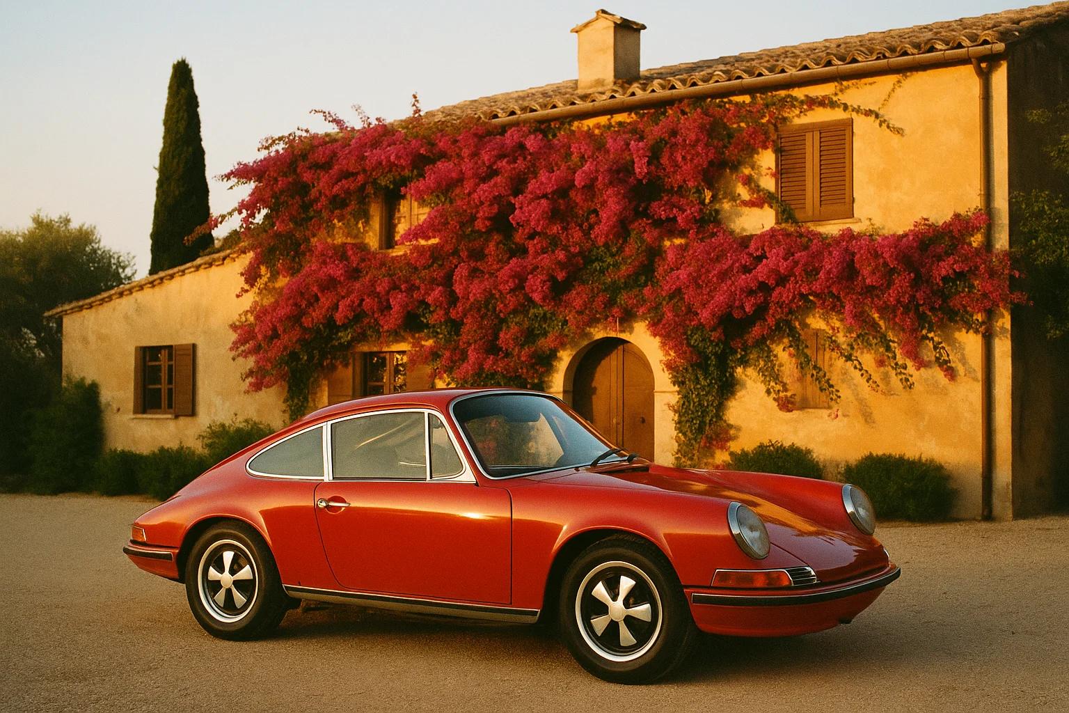 A vintage red Porsche 911 parked in front of a Mediterranean villa covered in bo