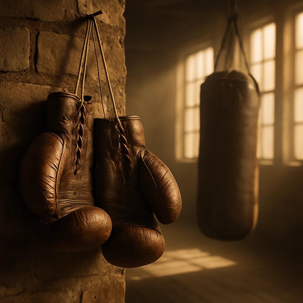 Worn vintage leather boxing gloves hanging on a brick wall in a dusty old gym wi