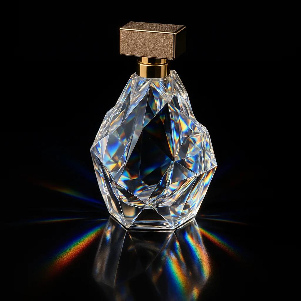 Studio product photography of a luxury perfume bottle shaped like a crystal iceb