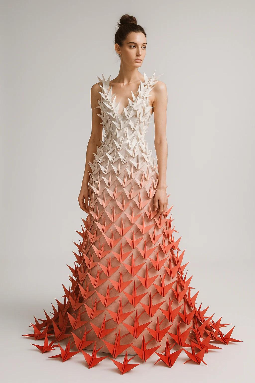 Full-body fashion editorial of a model wearing an avant-garde dress made entirel