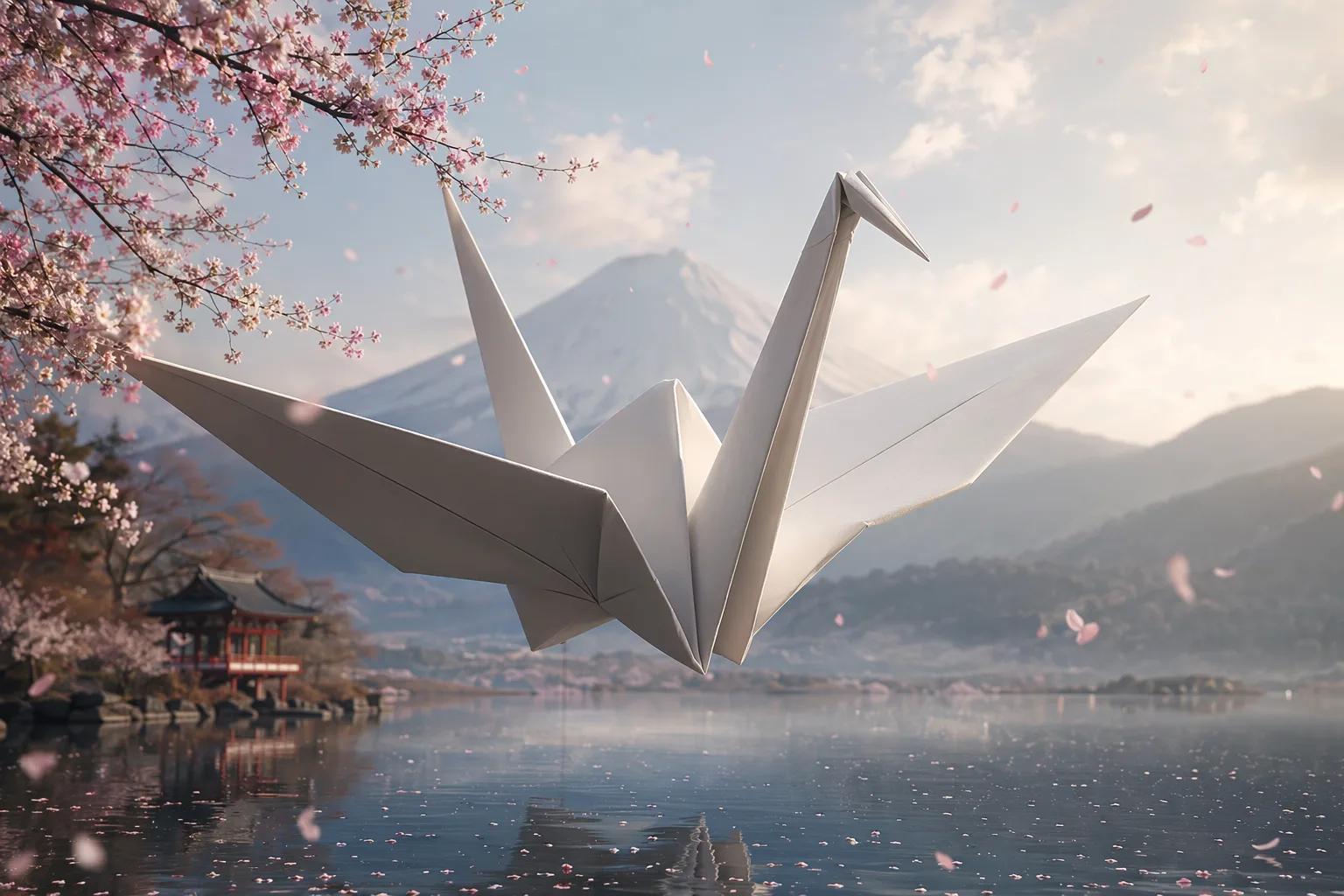 A giant white origami paper crane flying over a serene Japanese lake with Mount 