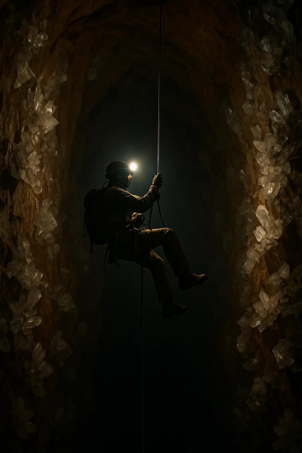 A silhouetted cave explorer rappelling down a rope into a dark crystal-lined cav