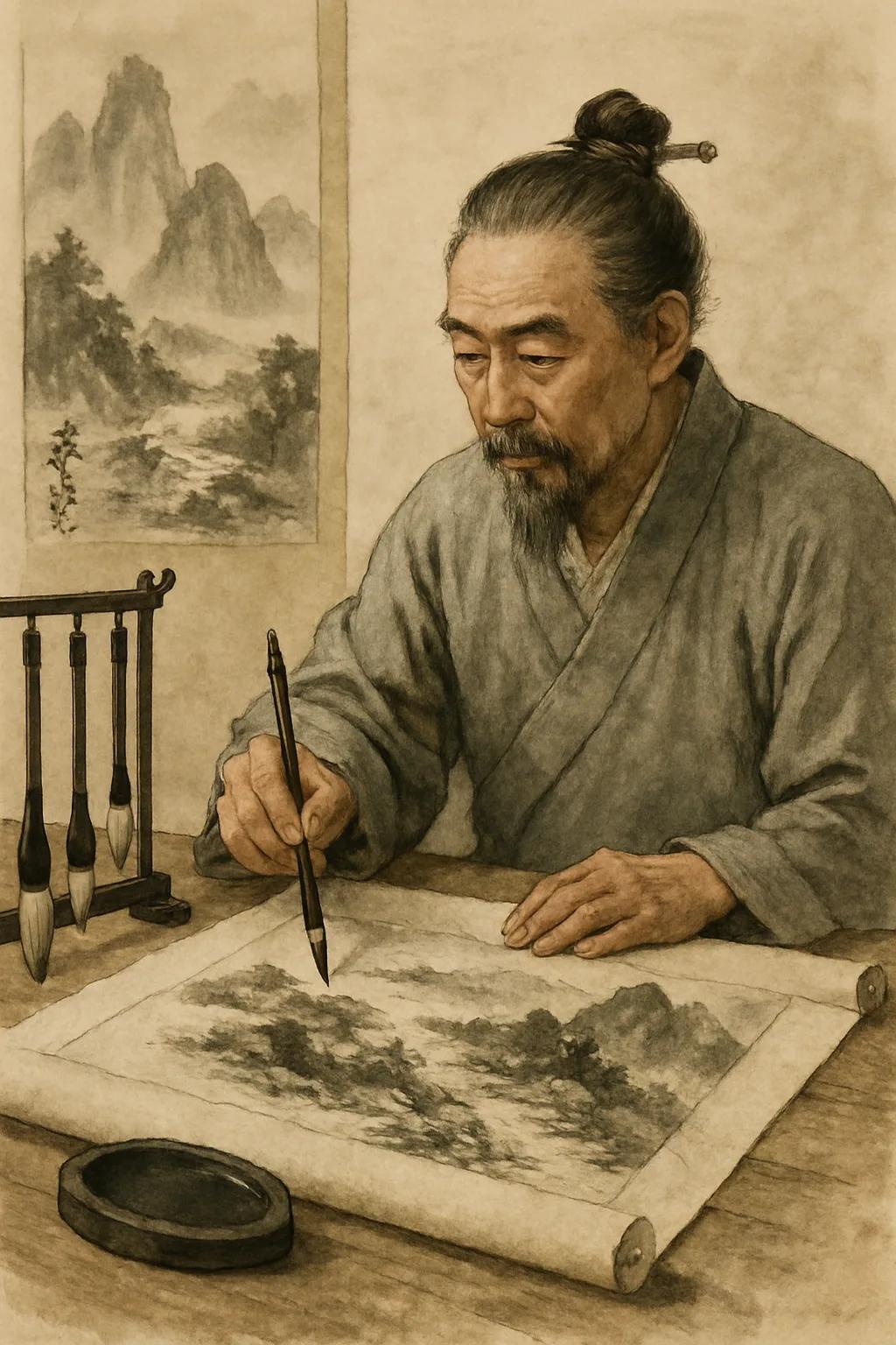 An ancient Chinese scholar painting a landscape on a scroll with an ink brush, m