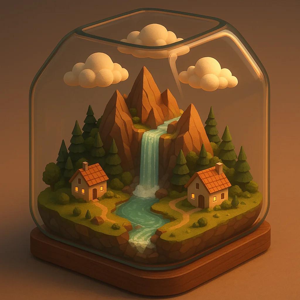 Isometric 3D illustration of a tiny detailed world inside a glass terrarium: min