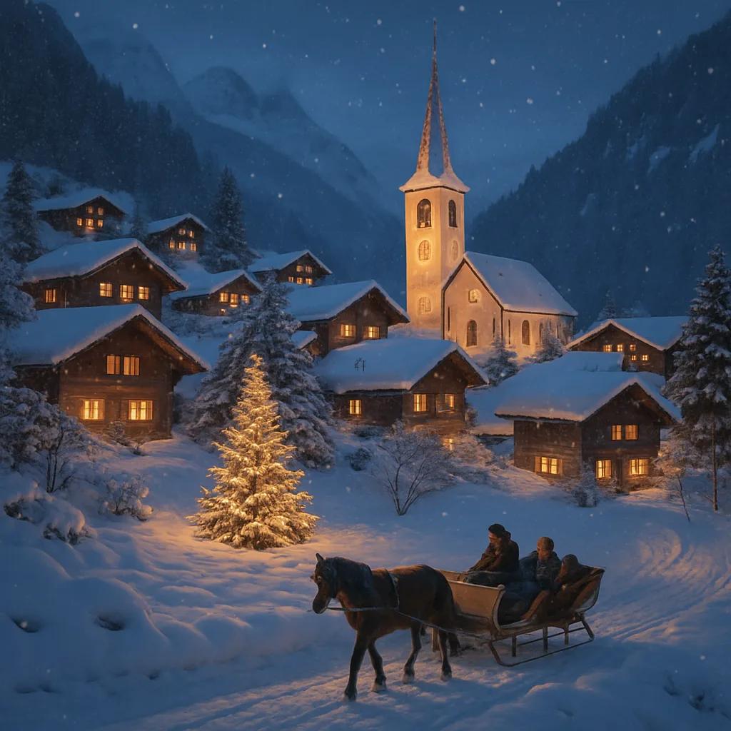 A picturesque snowy Swiss mountain village at twilight with illuminated chalets,