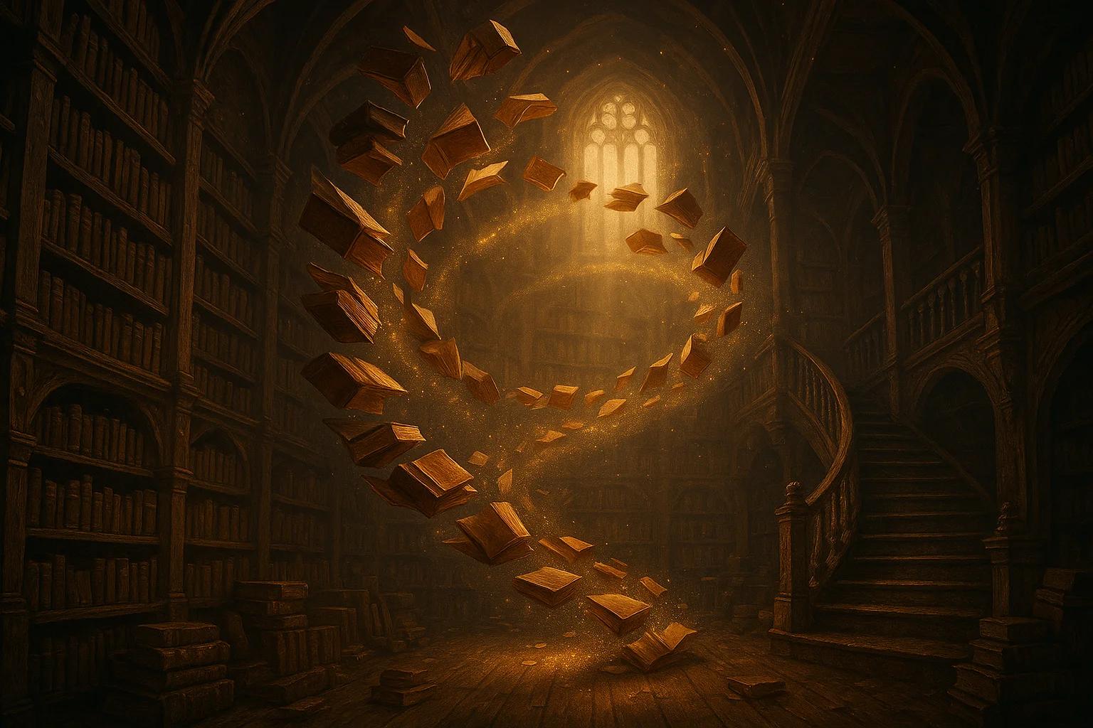 A magical library where books are flying off shelves in a spiral formation, gold