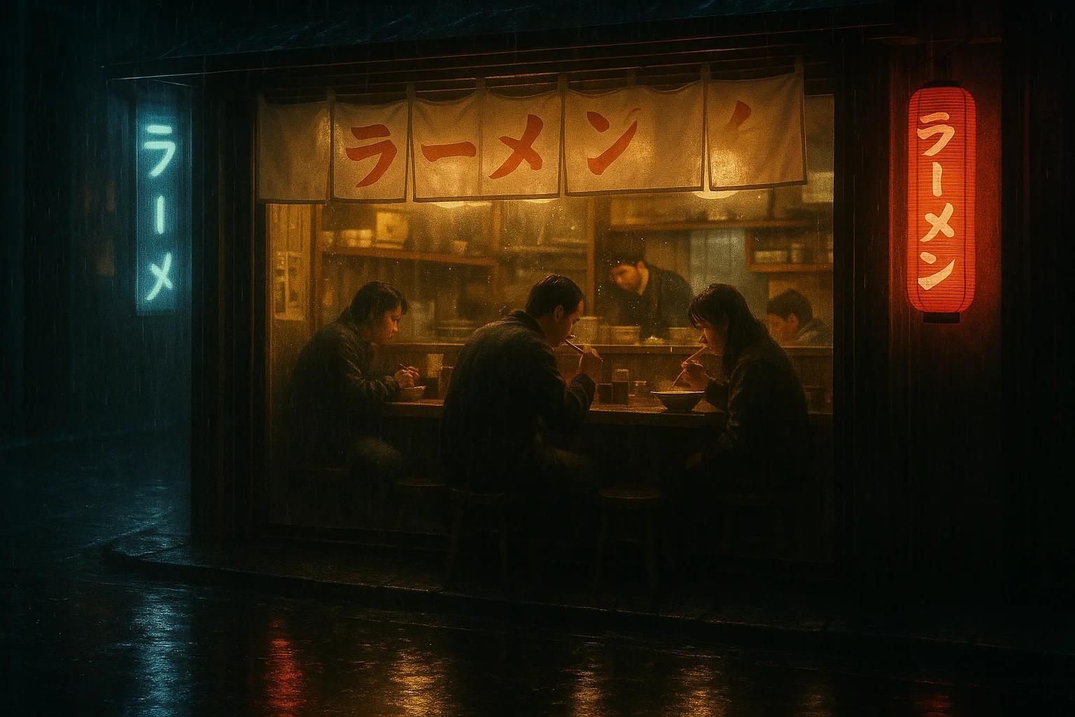 A cozy Japanese ramen shop at night seen from outside through the steamy window,